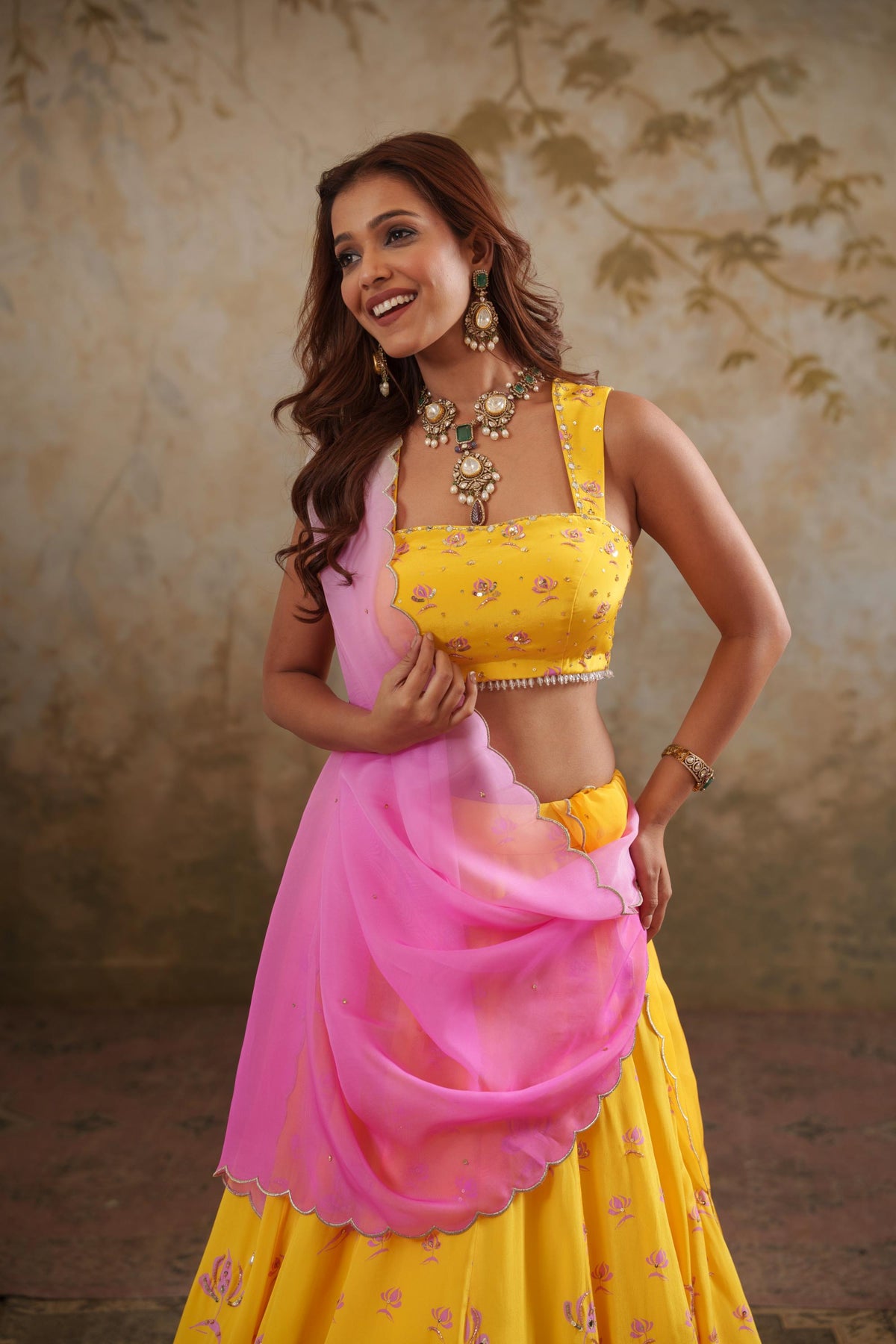 Maya: Yellow Digital Printed Embroidered Lehenga with Blouse & Dupatta