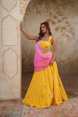 Maya: Yellow Digital Printed Embroidered Lehenga with Blouse & Dupatta