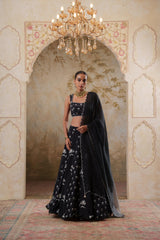 Maya: Black Digital Printed Embroidered Lehenga with Blouse & Dupatta