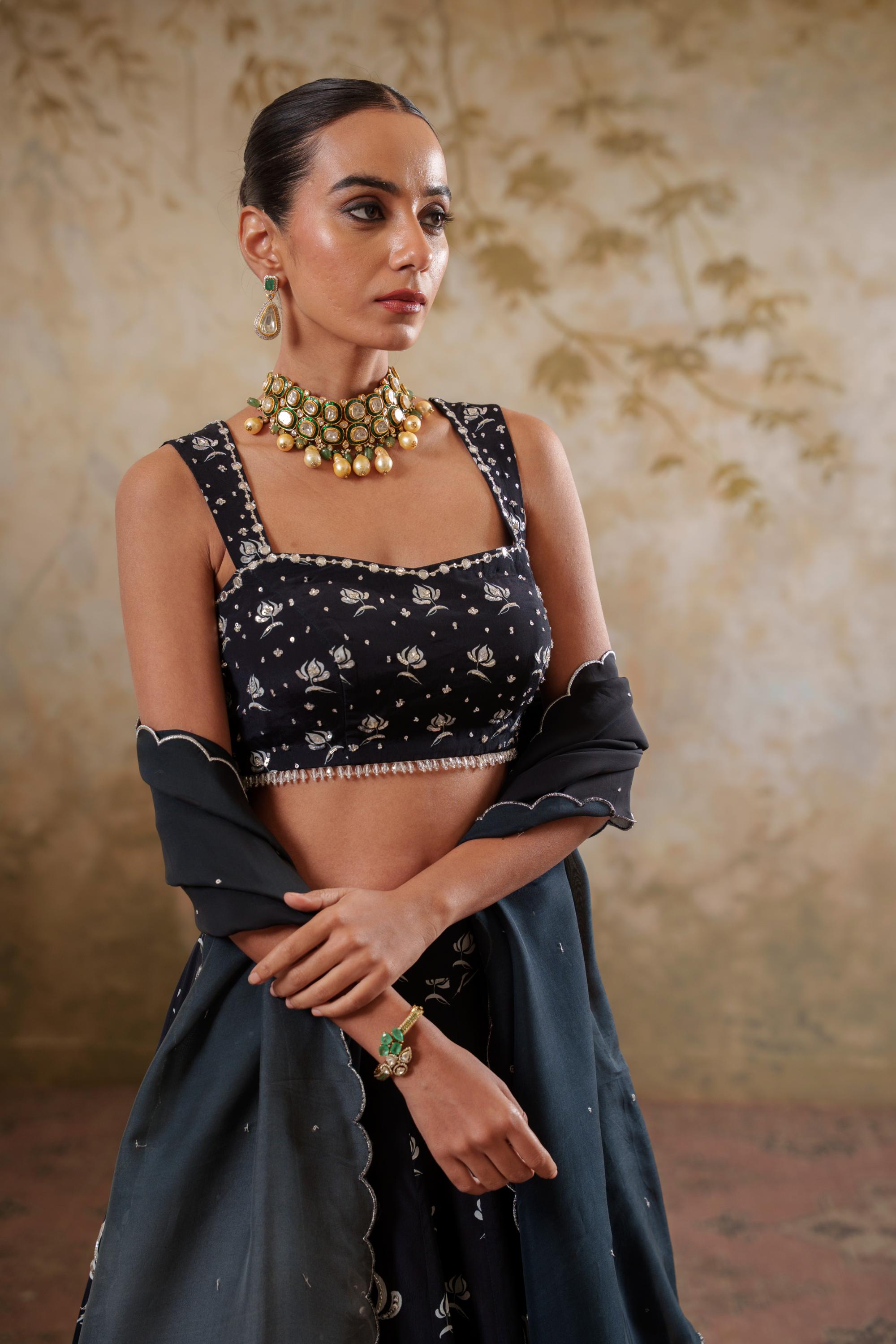 Maya: Black Digital Printed Embroidered Lehenga with Blouse & Dupatta