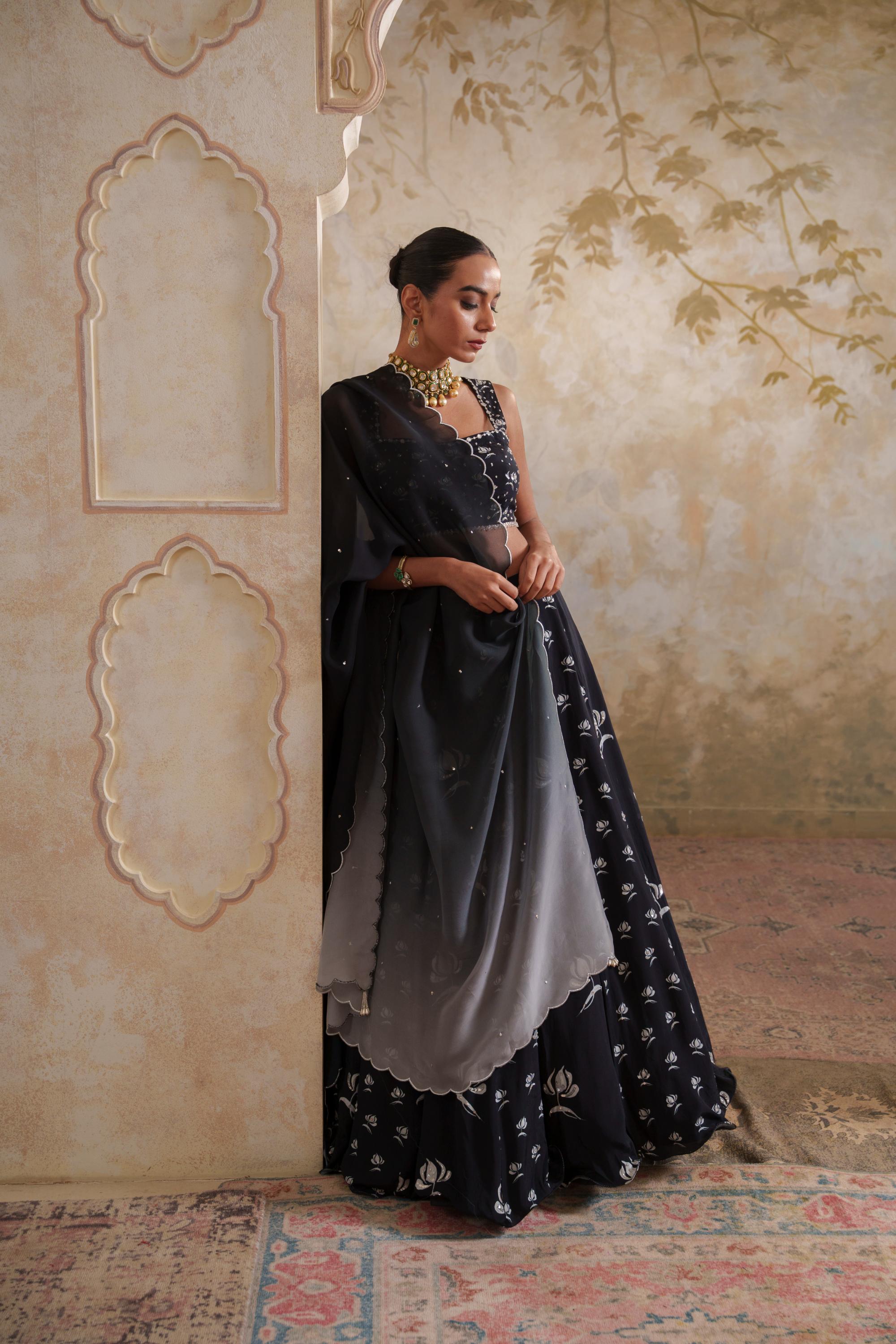 Maya: Black Digital Printed Embroidered Lehenga with Blouse & Dupatta