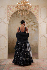 Maya: Black Digital Printed Embroidered Lehenga with Blouse & Dupatta
