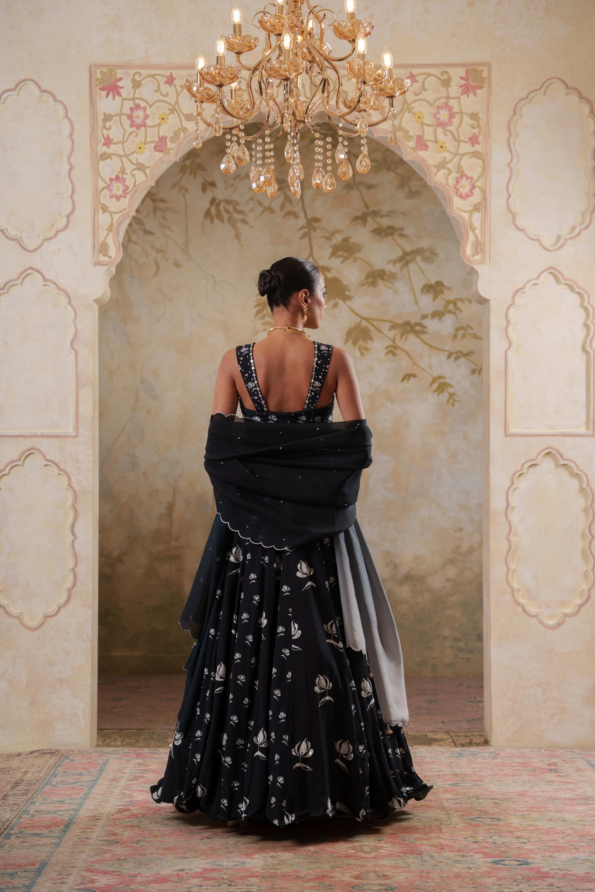 Maya: Black Digital Printed Embroidered Lehenga with Blouse & Dupatta