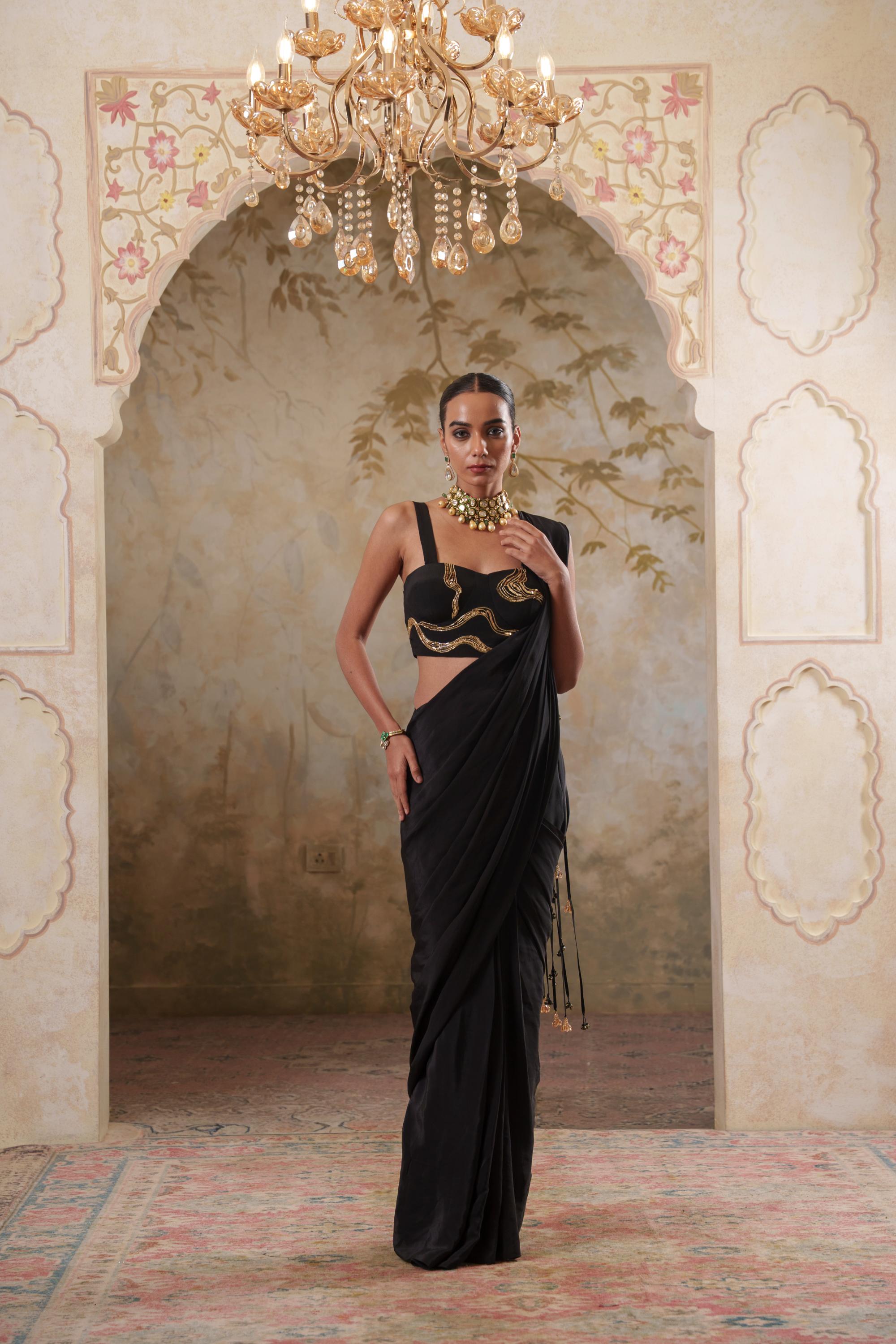 Maya: Black Embroidered Blouse With Drape Saree
