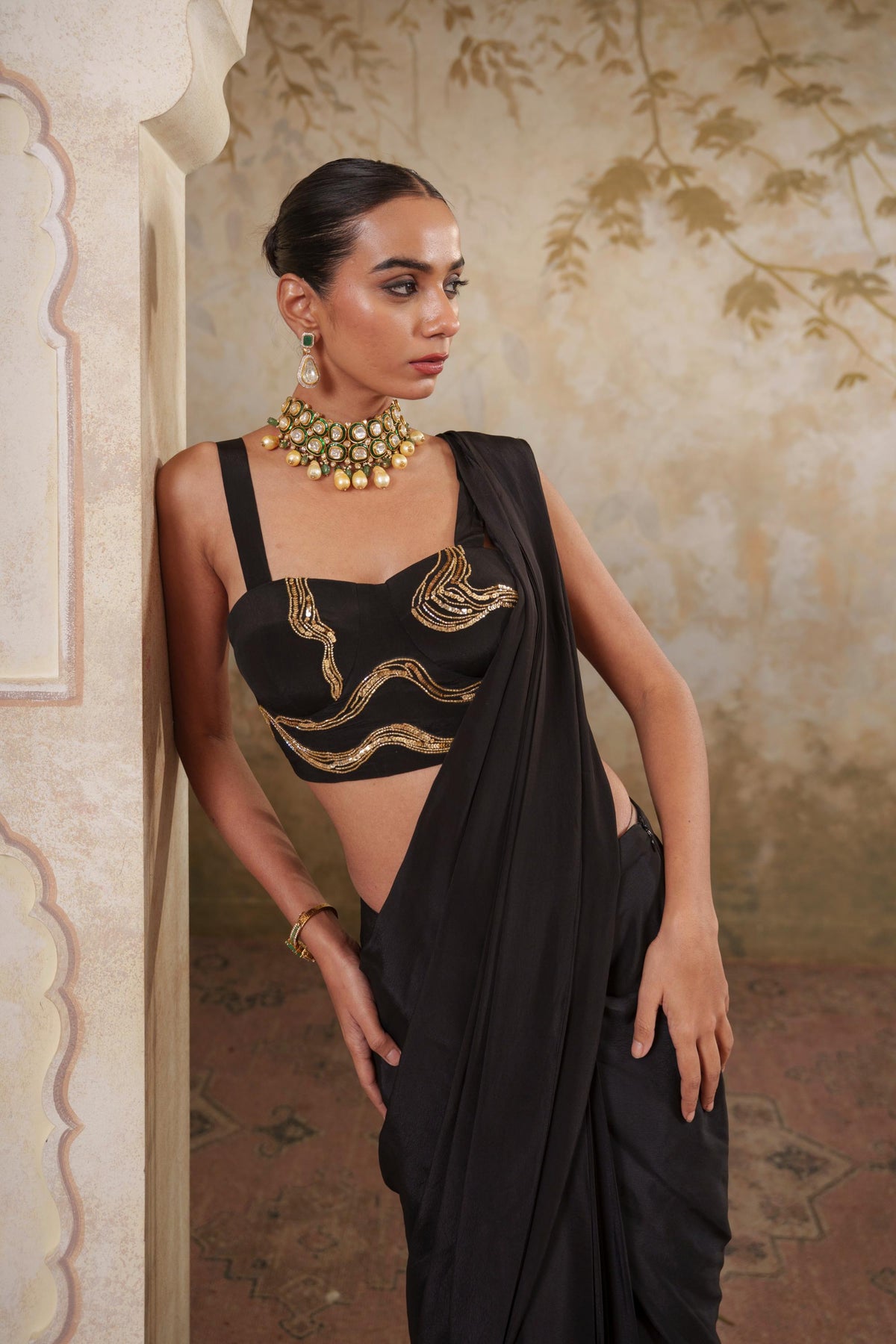 Maya: Black Embroidered Blouse With Drape Saree