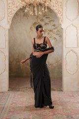 Maya: Black Embroidered Blouse With Drape Saree