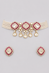 Elegant and classy kundan choker set with red meenakari and pearls