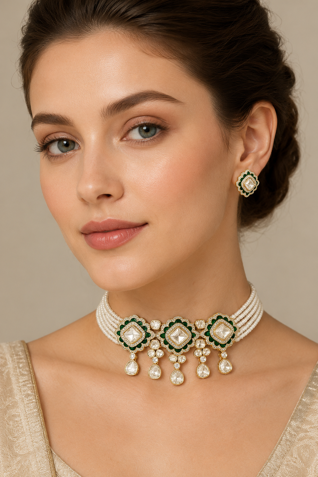 Elegant and classy kundan choker set with green meenakari and pearls