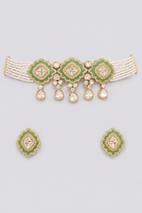 Elegant and classy kundan choker set with mint green meenakari and pearls