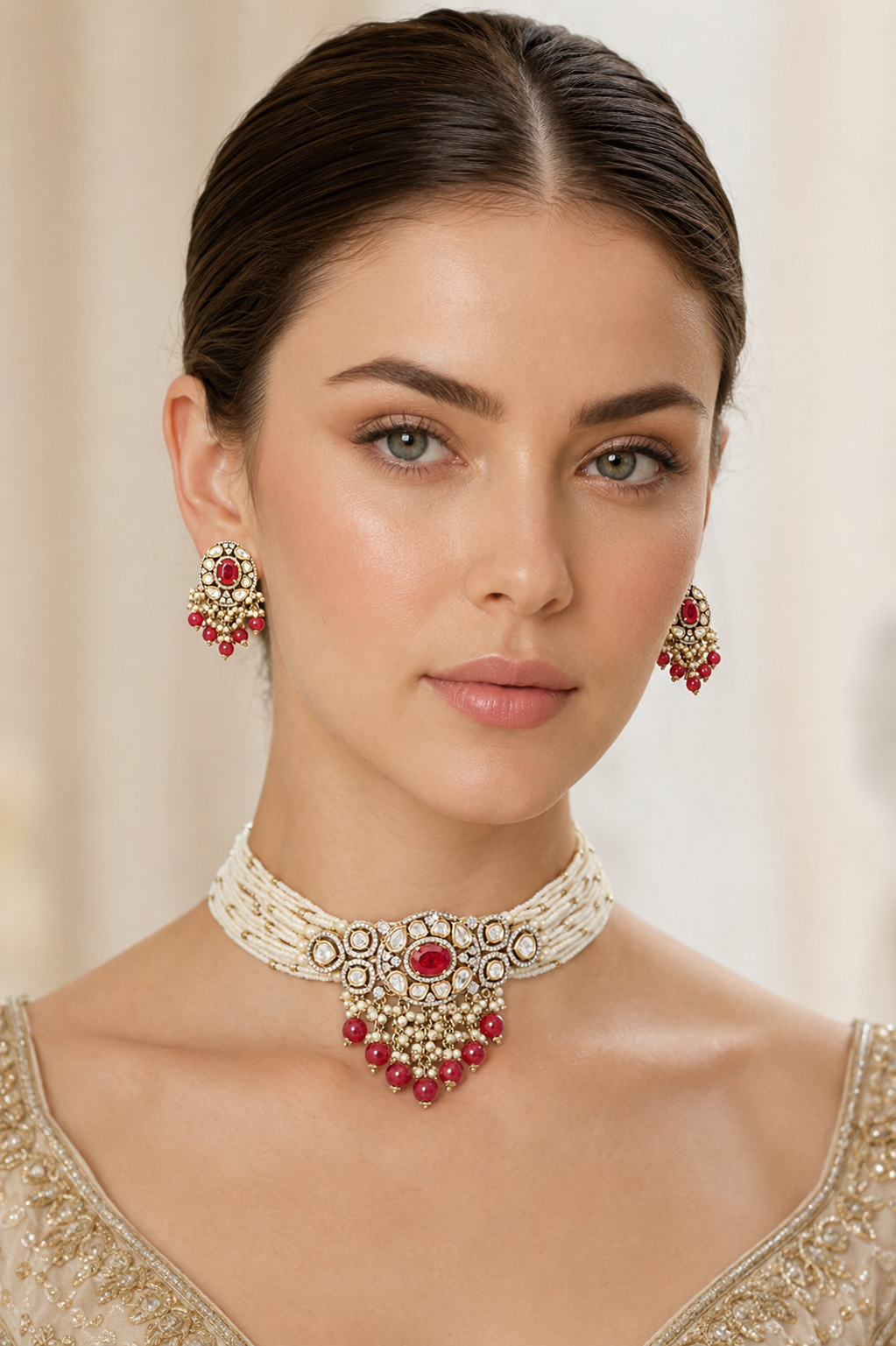 Elegant and classy two tone kundan choker set with red stones and pearls