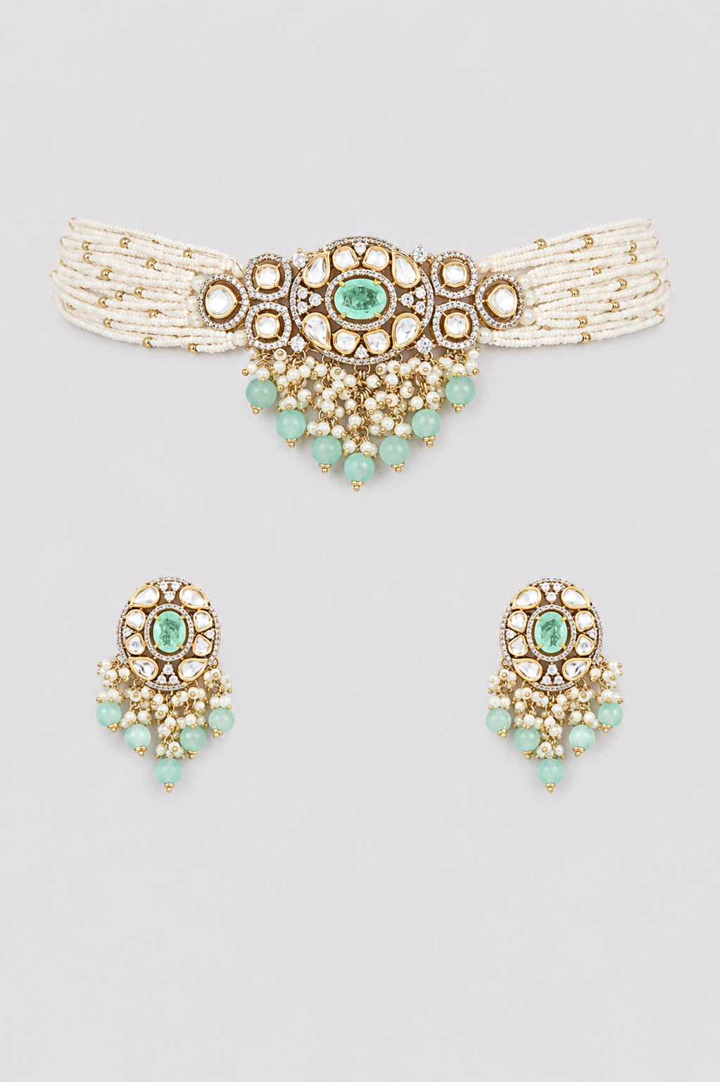 Elegant and classy two tone kundan choker set with mint green stones and pearls