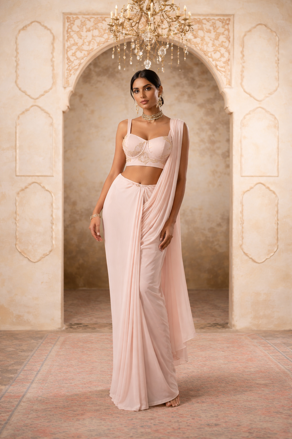 Maya: Blush Pink Embroidered Blouse With Drape Saree