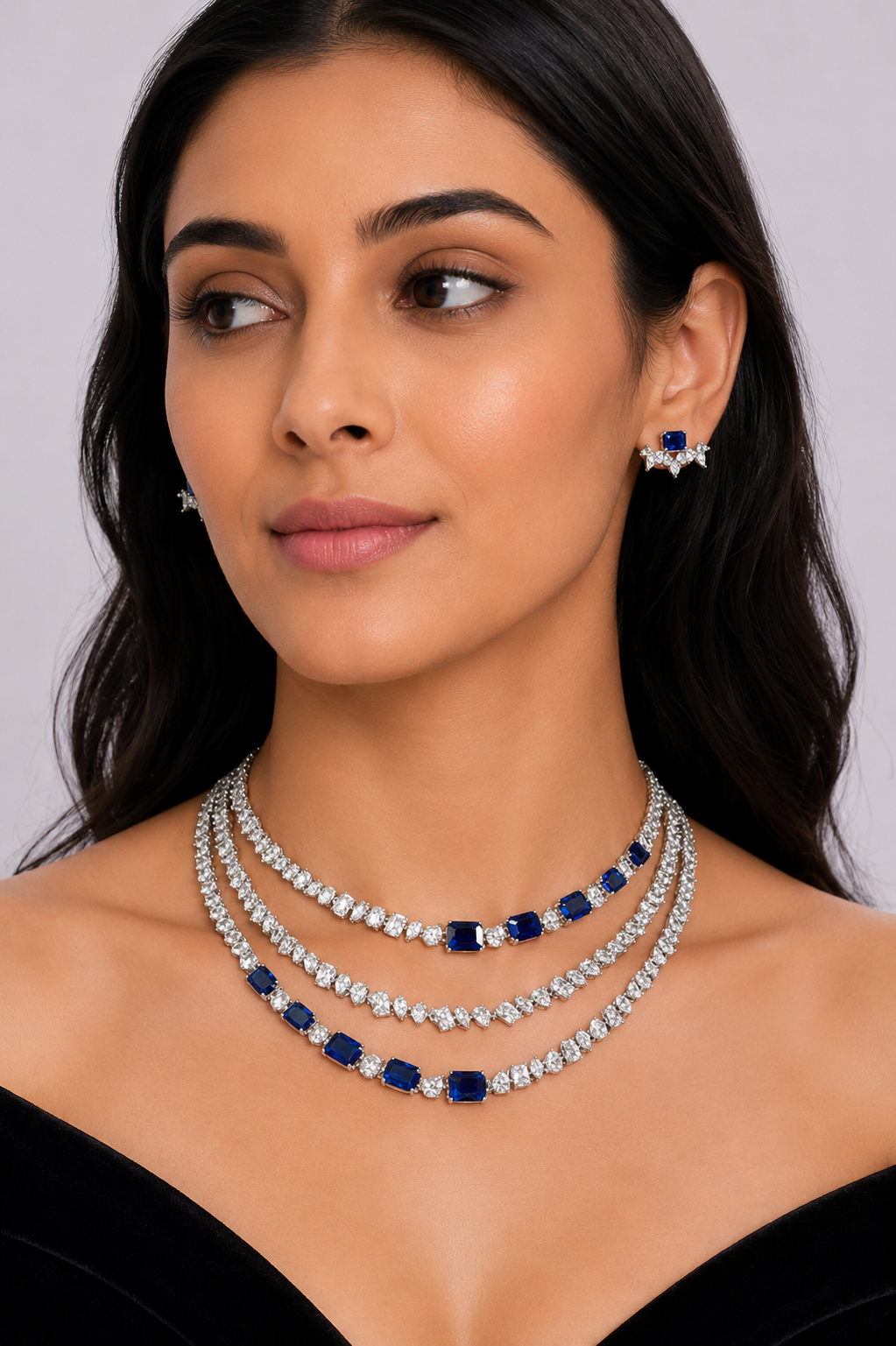 Elegant and classy diamond long necklace set with sapphires