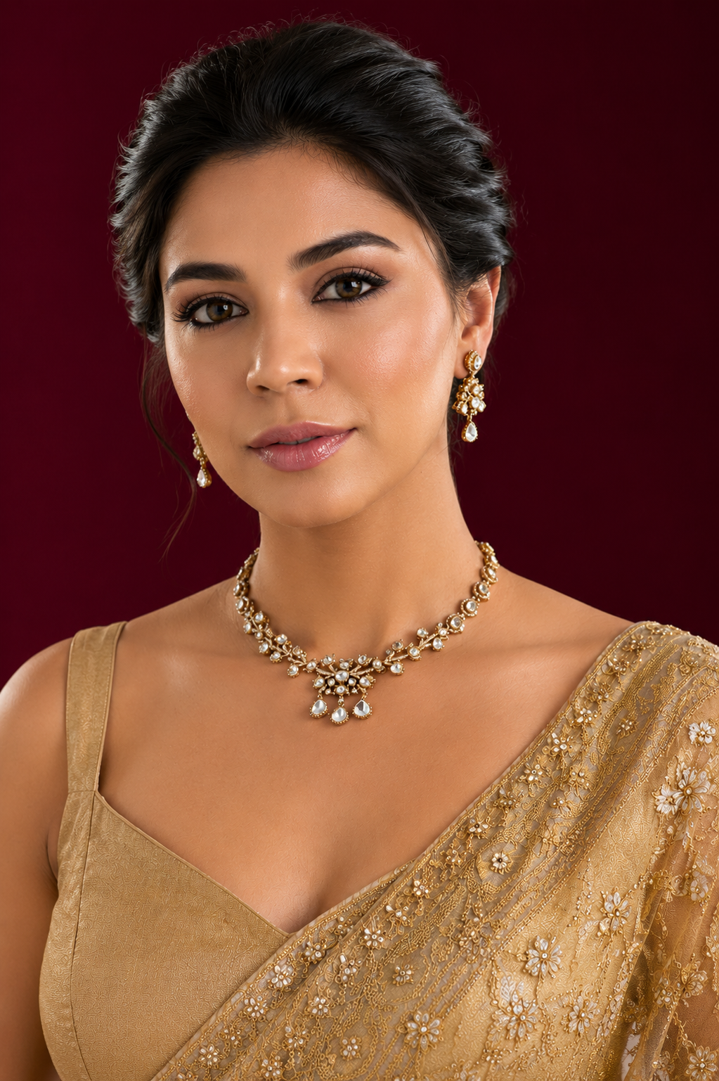Elegant and petit two tone finish necklace set with matching earrings