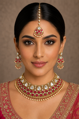 Bold and dramatic polki bridal necklace set with matching earrings and maangtika