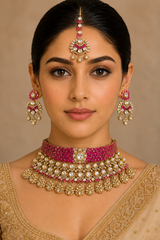 Bold and dramatic polki bridal necklace set with matching earrings and maangtika