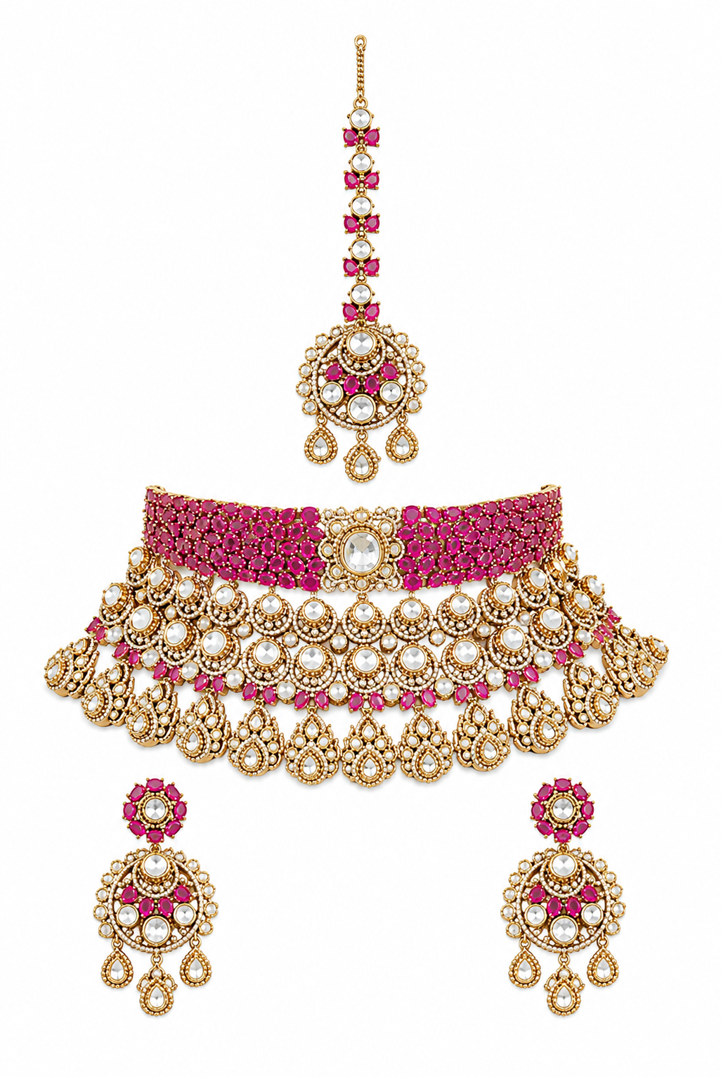 Bold and dramatic polki bridal necklace set with matching earrings and maangtika