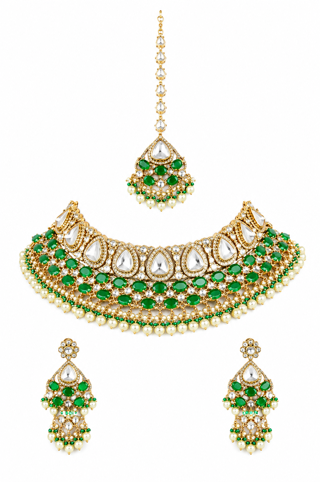 Bold and dramatic polki bridal necklace set with matching earrings and maangtika