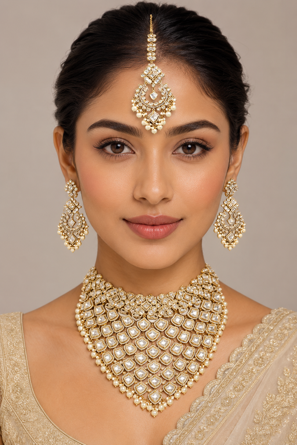 Bold and dramatic polki bridal necklace set with matching earrings and maangtika