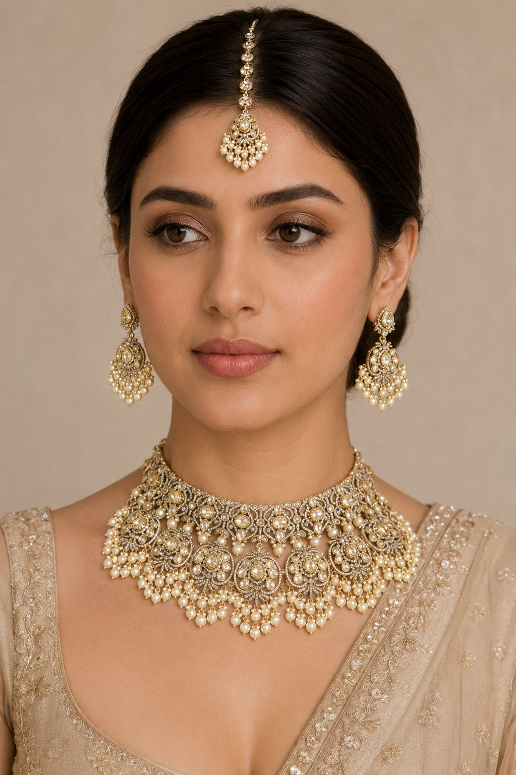 Bold and dramatic polki bridal necklace set with matching earrings and maangtika