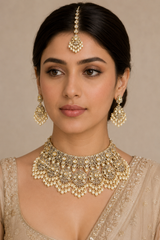 Bold and dramatic polki bridal necklace set with matching earrings and maangtika