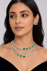 Elegant and classy diamond long necklace set with emeralds