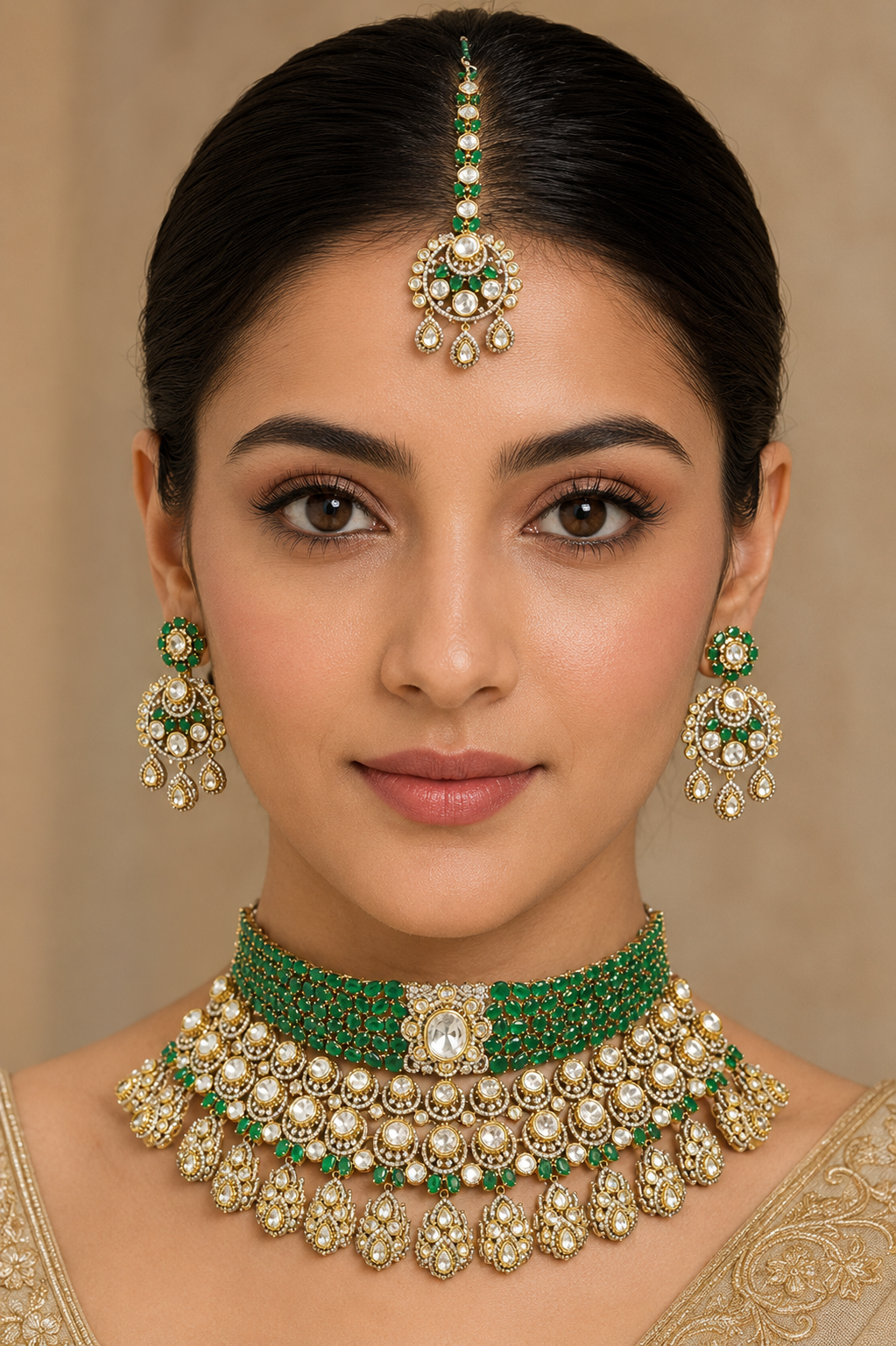 Bold and dramatic polki bridal necklace set with matching earrings and maangtika