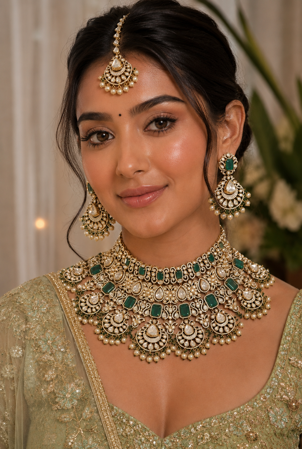 Bold and dramatic polki bridal necklace set with matching earrings and maangtika