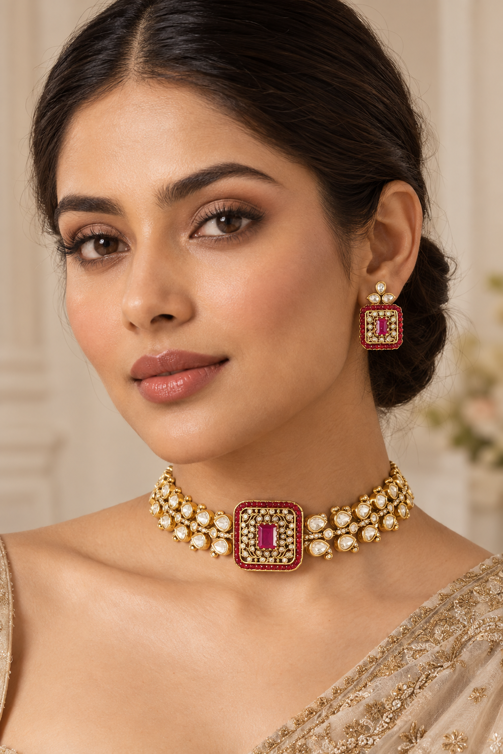 Exclusive and classic two tone finish choker with red stones. It comes with a pair of matching studs