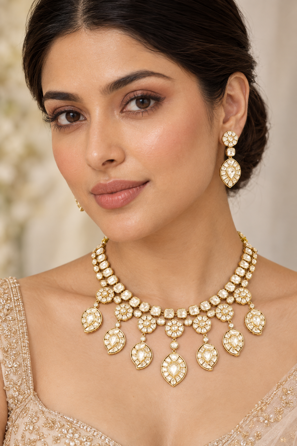 Elegant and classic necklace set with kundan stones set in paisley design. It comes with a pair of matching earrings