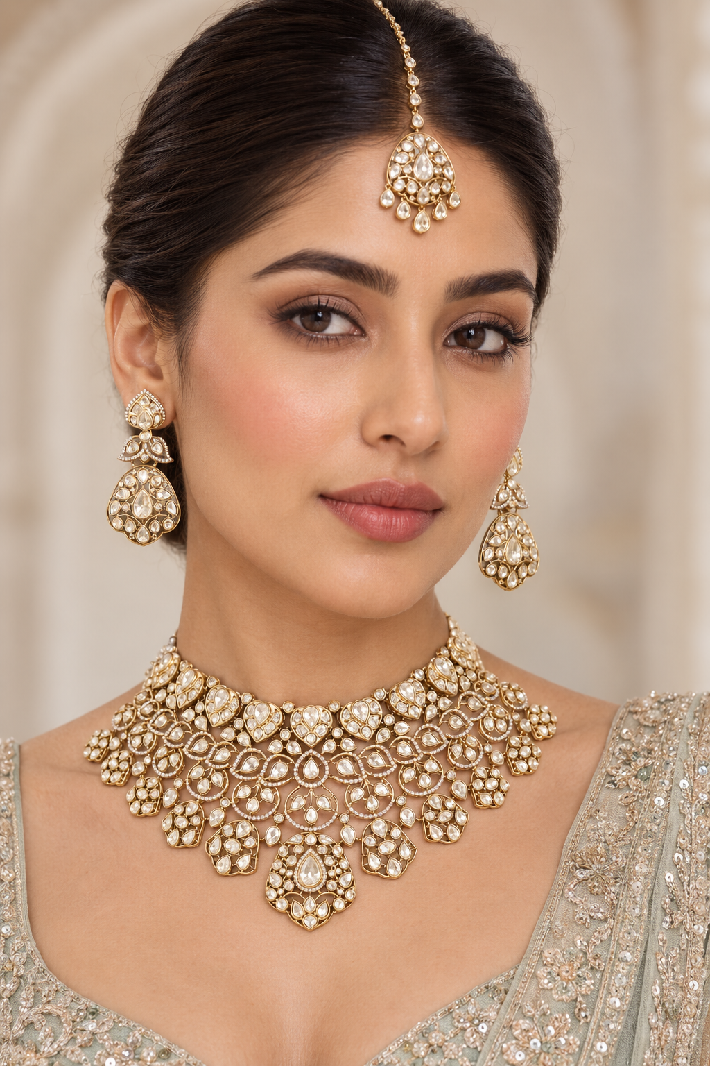Bold and elegant kundan necklace set with matching pair of earrings and maangtika