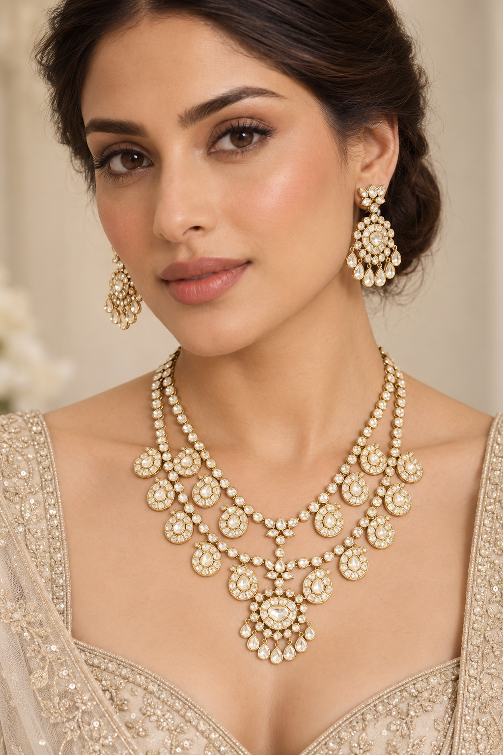 Elegant and dramatic long necklace set with kundan stones set in paisley design. It comes with a pair of matching earrings