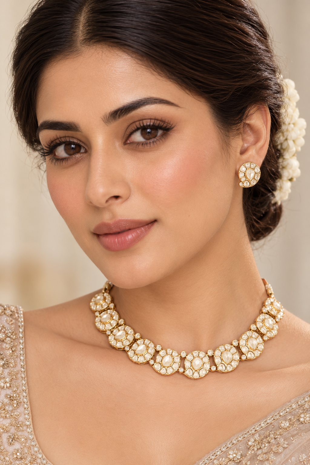 Elegant and classic 1 line necklace set with kundan stones set in paisley design. It comes with a pair of matching earrings