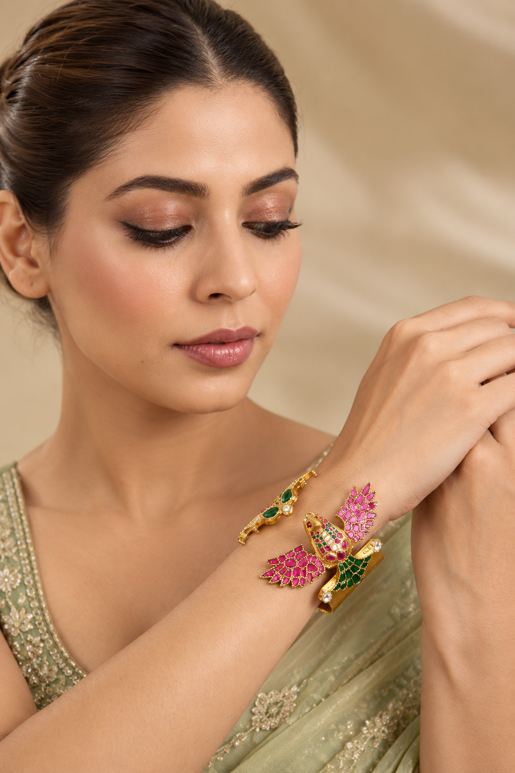 Bold and dramatic multicolor kundan polki bird shape openable cuff