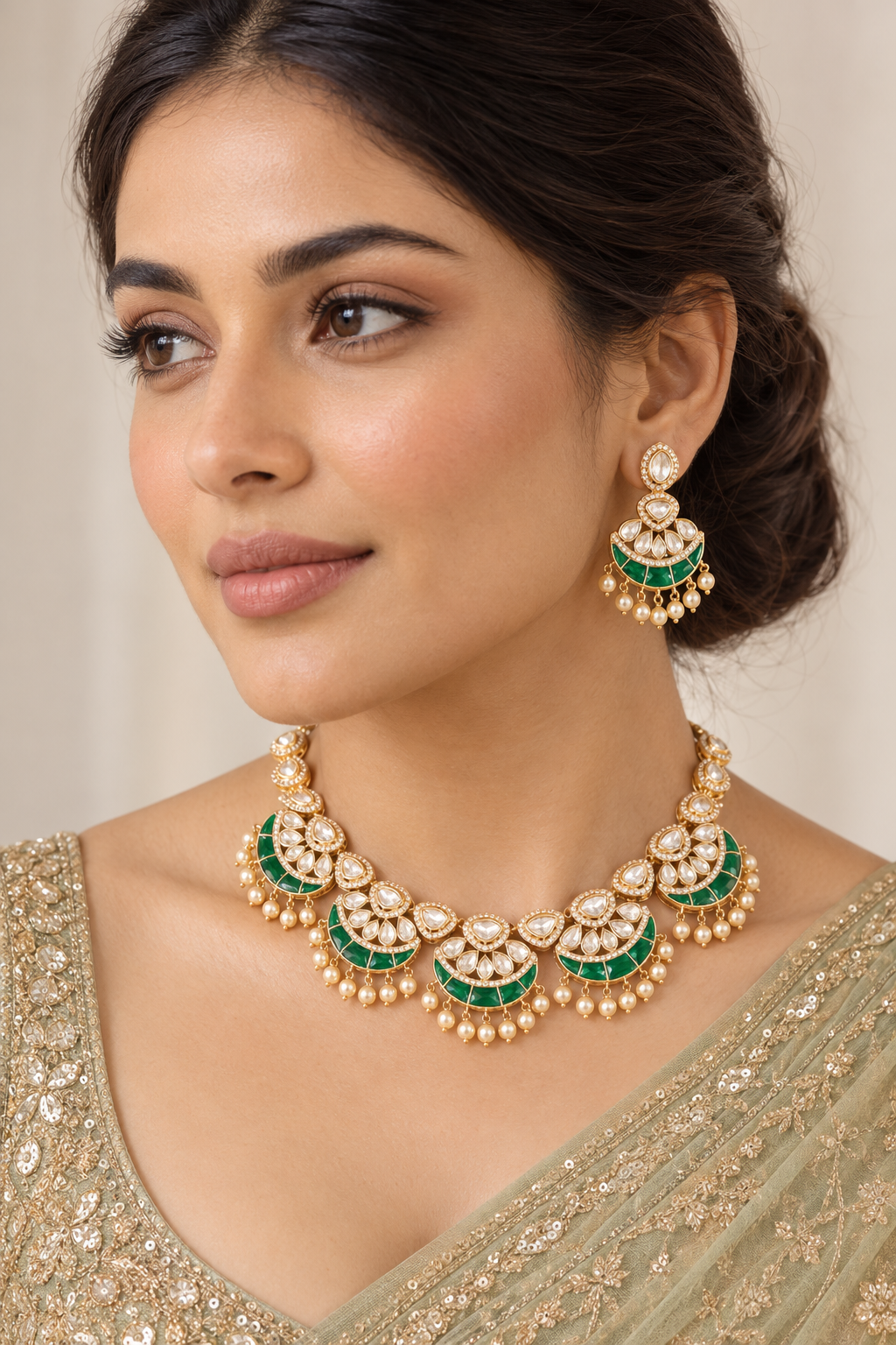 Beautifully arranged dainty kundan polki necklace set with earrings