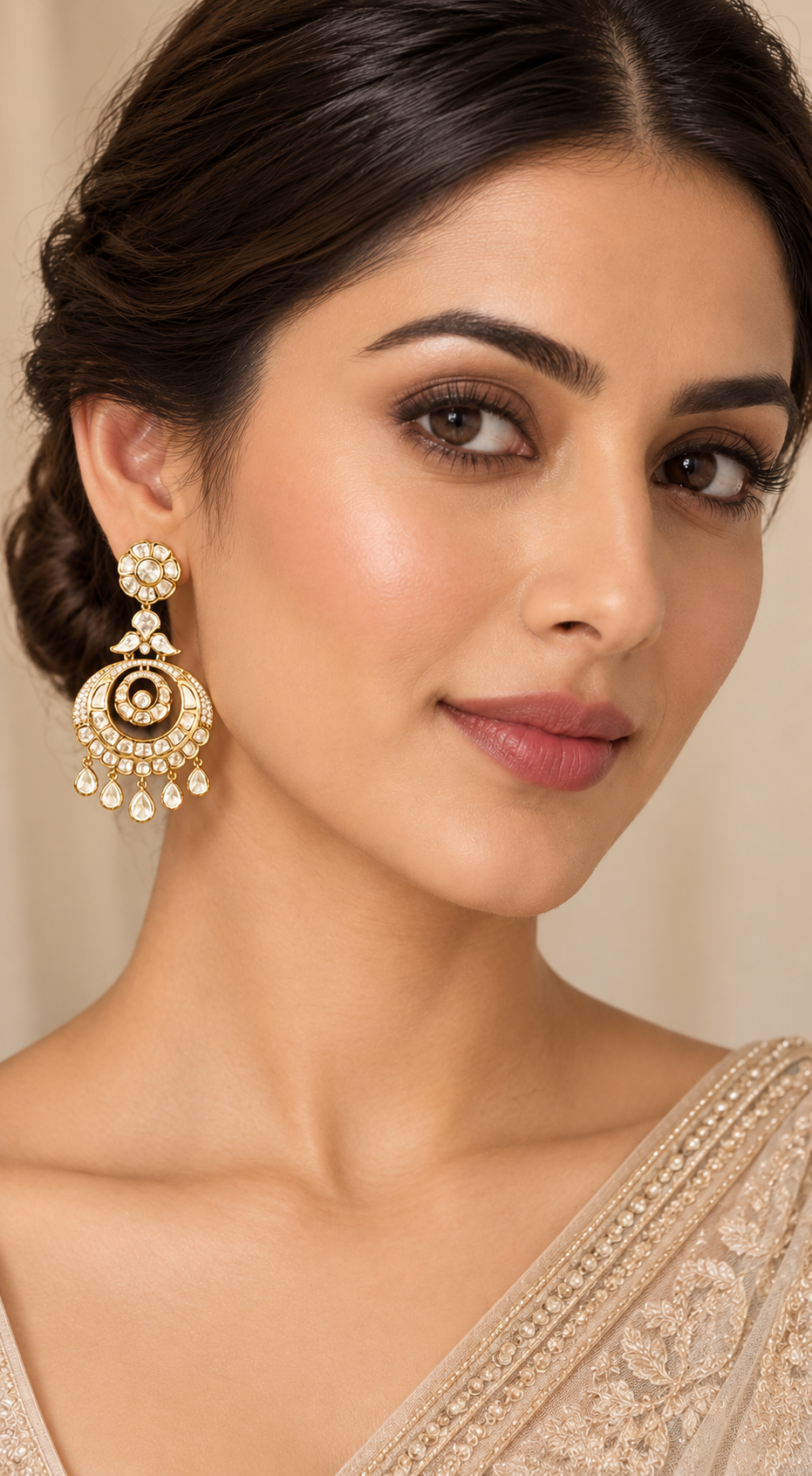 Traditional yet elegant pair of gold finish kundan chaandbalis