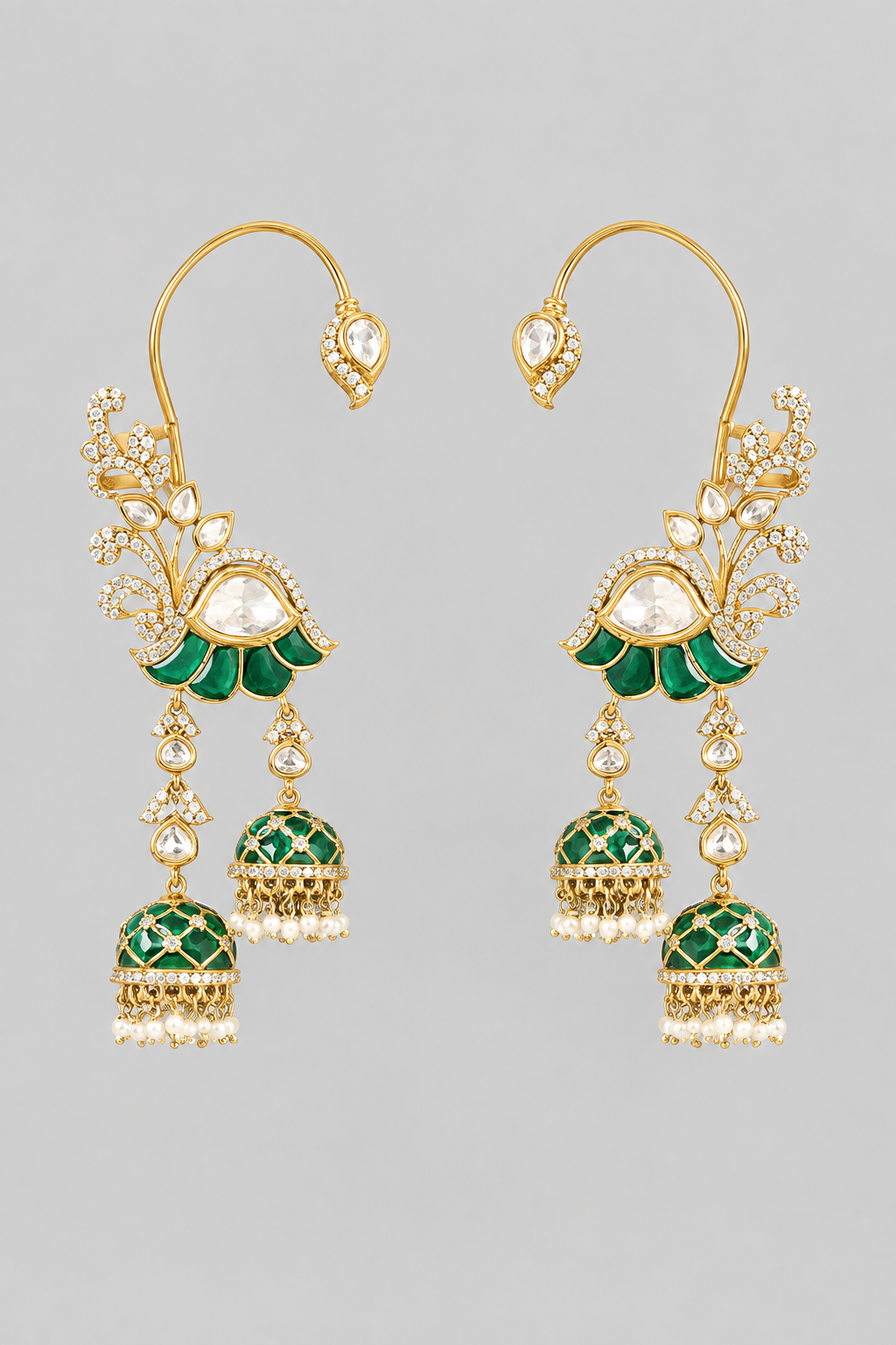 Traditional yet bold pair of gold finish kundan meenakari earcuffs