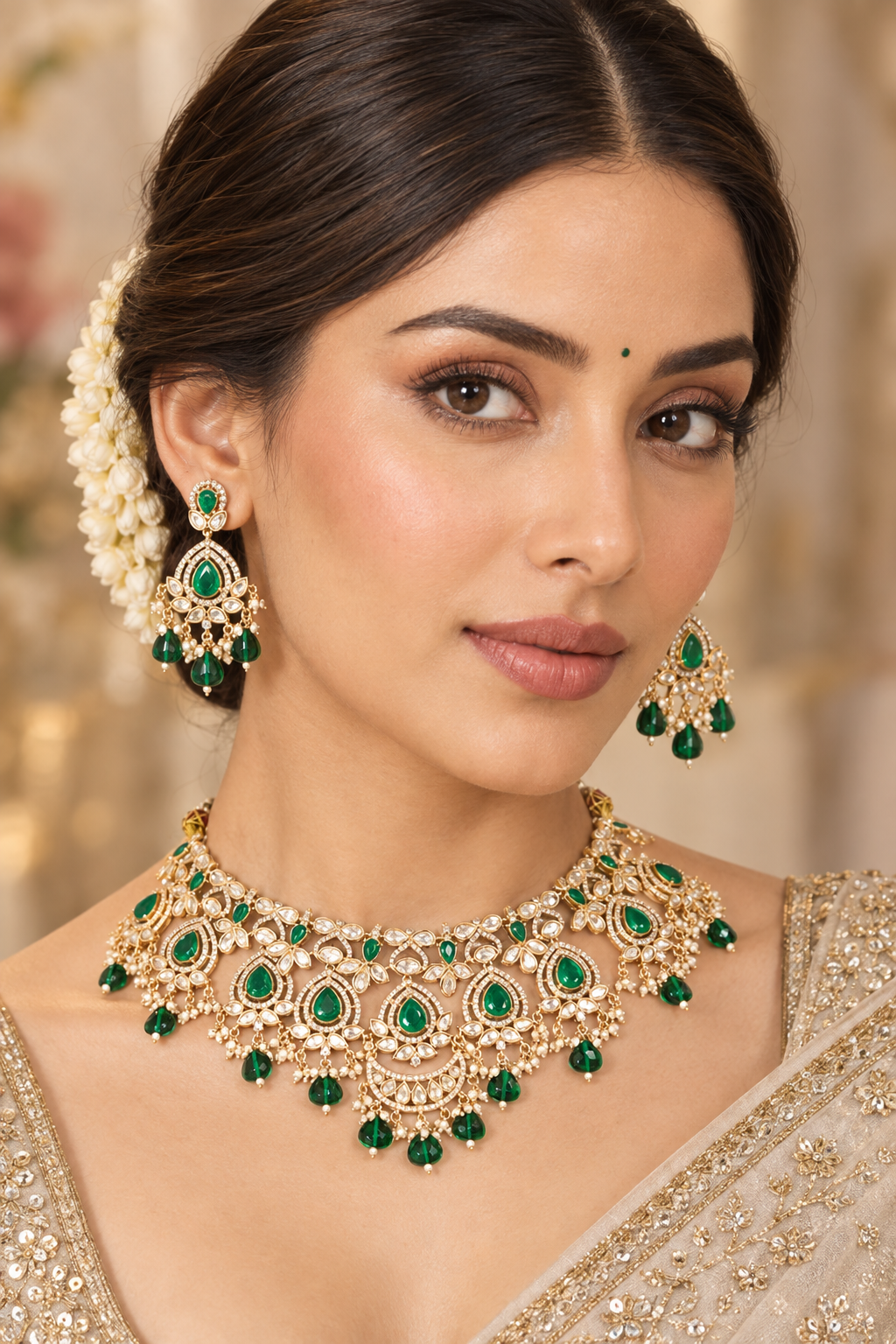 Classic and dramatic kundan necklace set with green stones and pearls. It comes with a pair of matching earrings