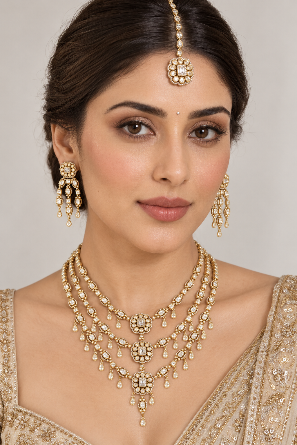 Bold and dramatic long moissanite set with matching earrings and maangtika
