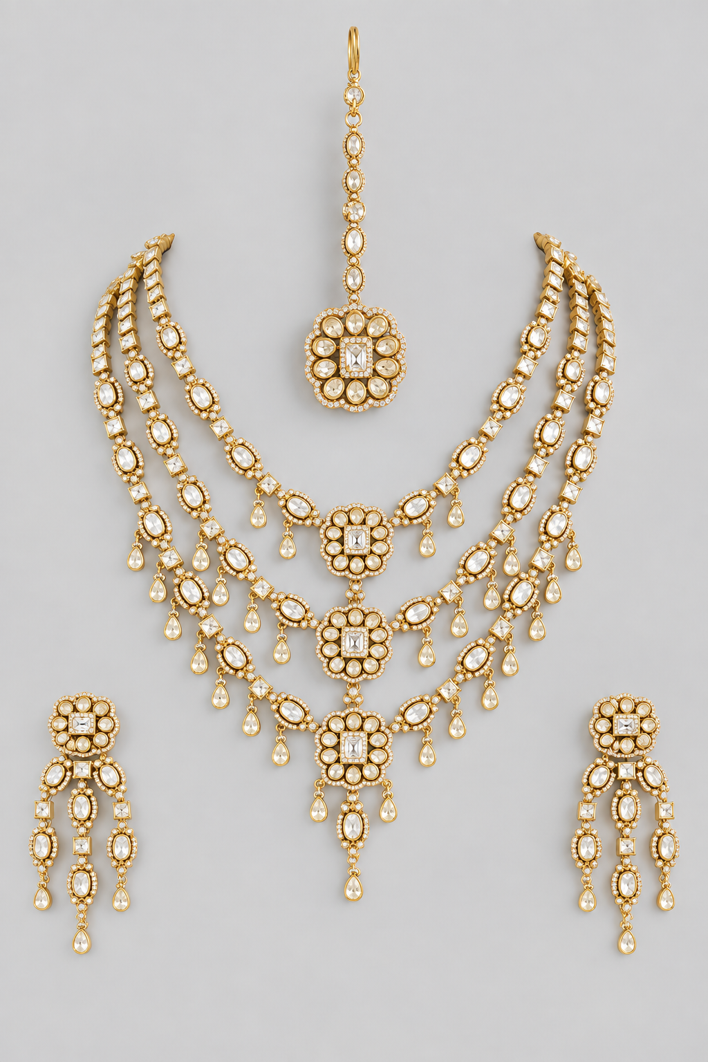 Bold and dramatic long moissanite set with matching earrings and maangtika