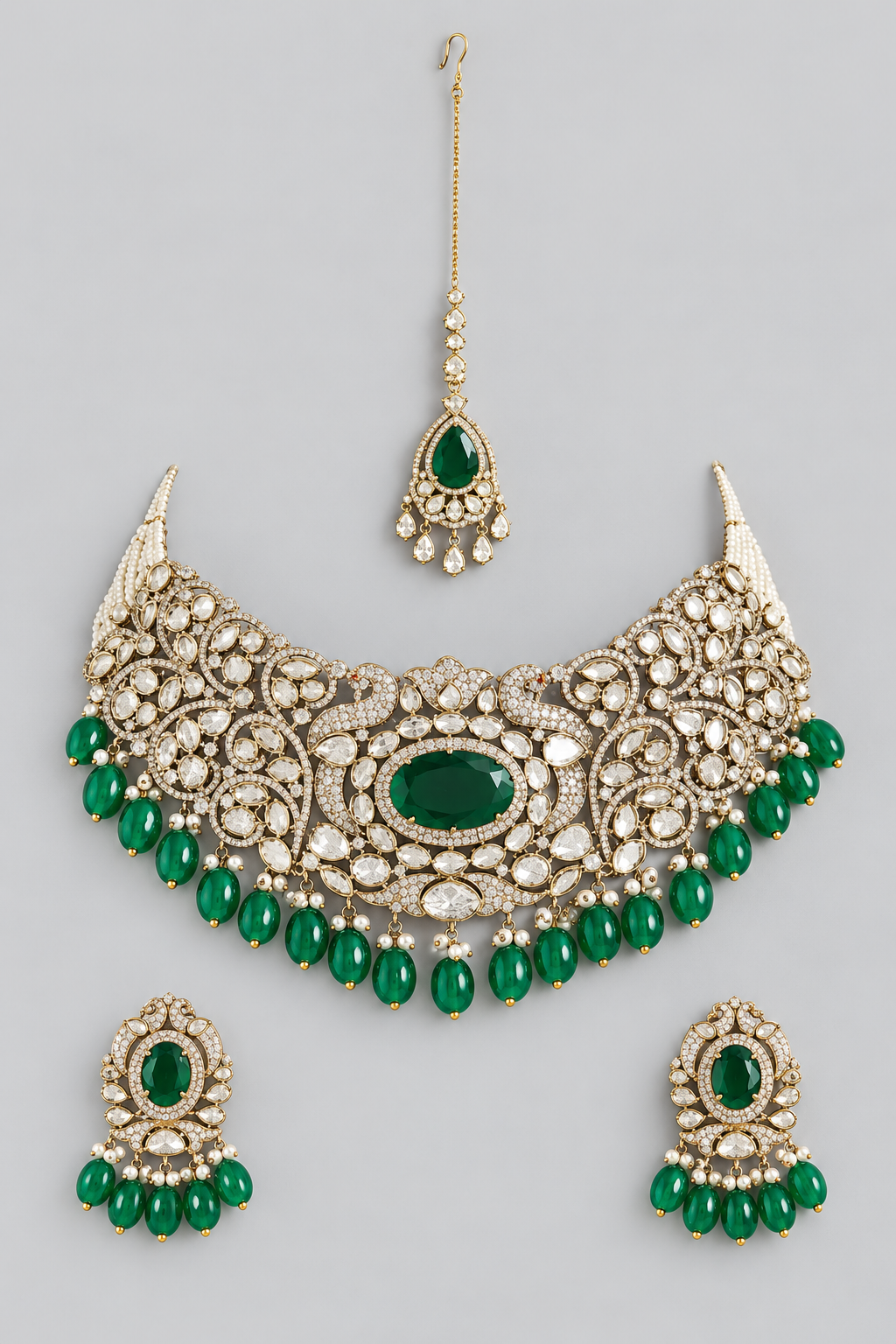 Elegant and classy two tone kundan choker set with green stones and pearls