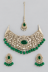 Elegant and classy two tone kundan choker set with green stones and pearls