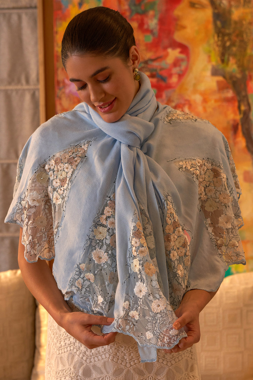 Cherry Blossom Flounce | Embroidered Wool Silk Stole