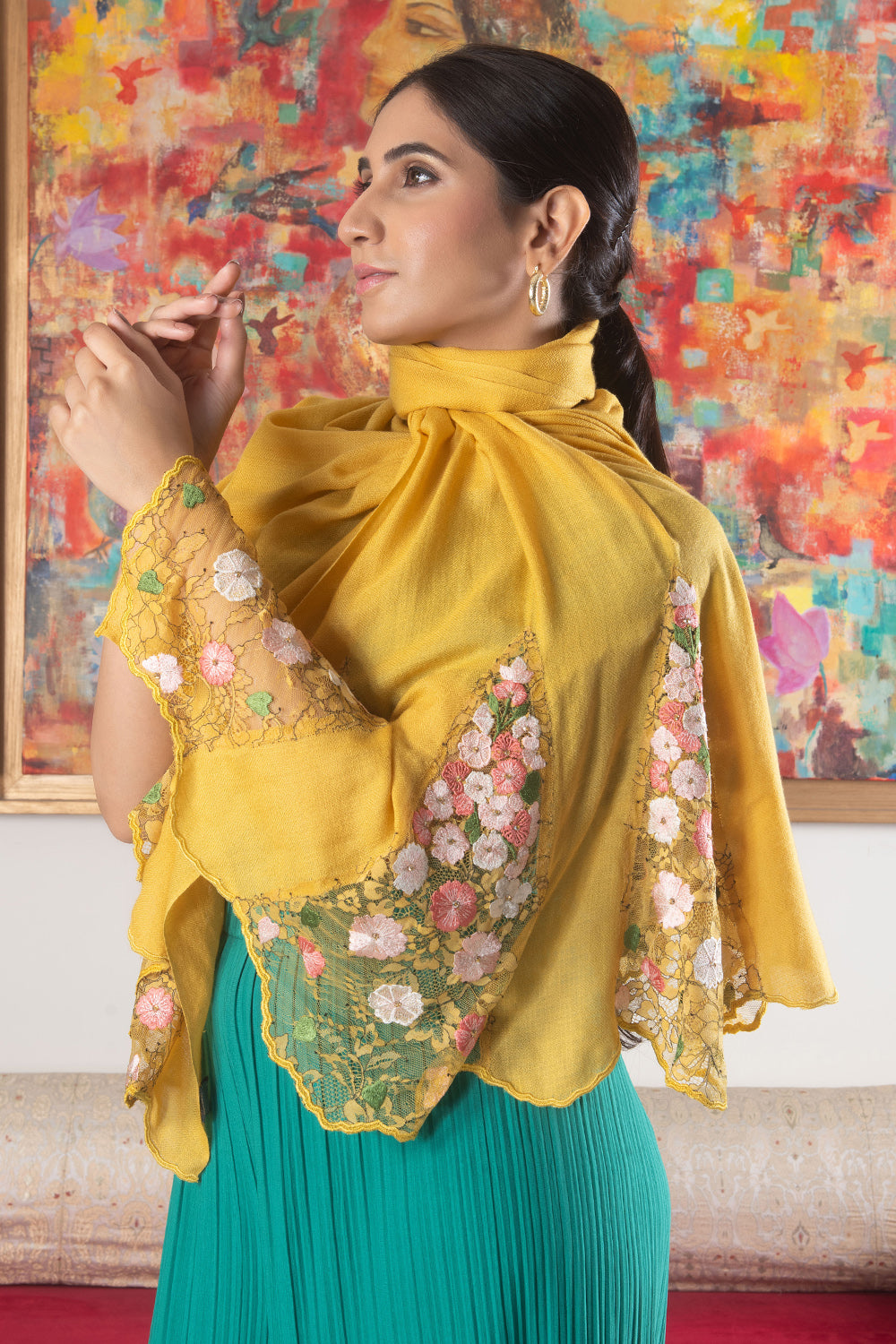 Cherry Blossom Flounce | Embroidered Wool Silk Stole