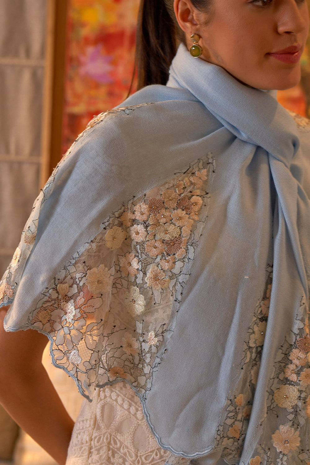 Cherry Blossom Flounce | Embroidered Wool Silk Stole