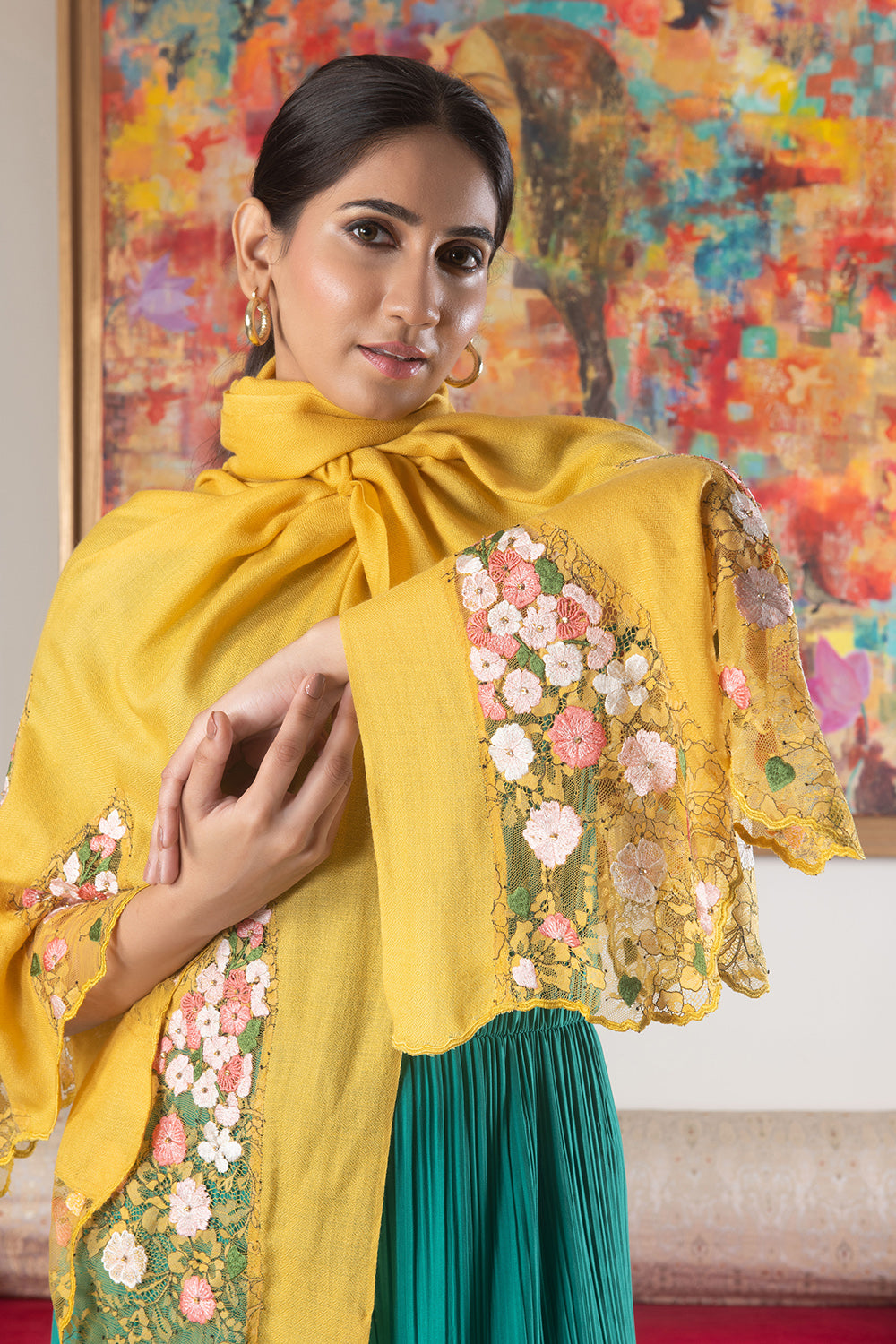 Cherry Blossom Flounce | Embroidered Wool Silk Stole