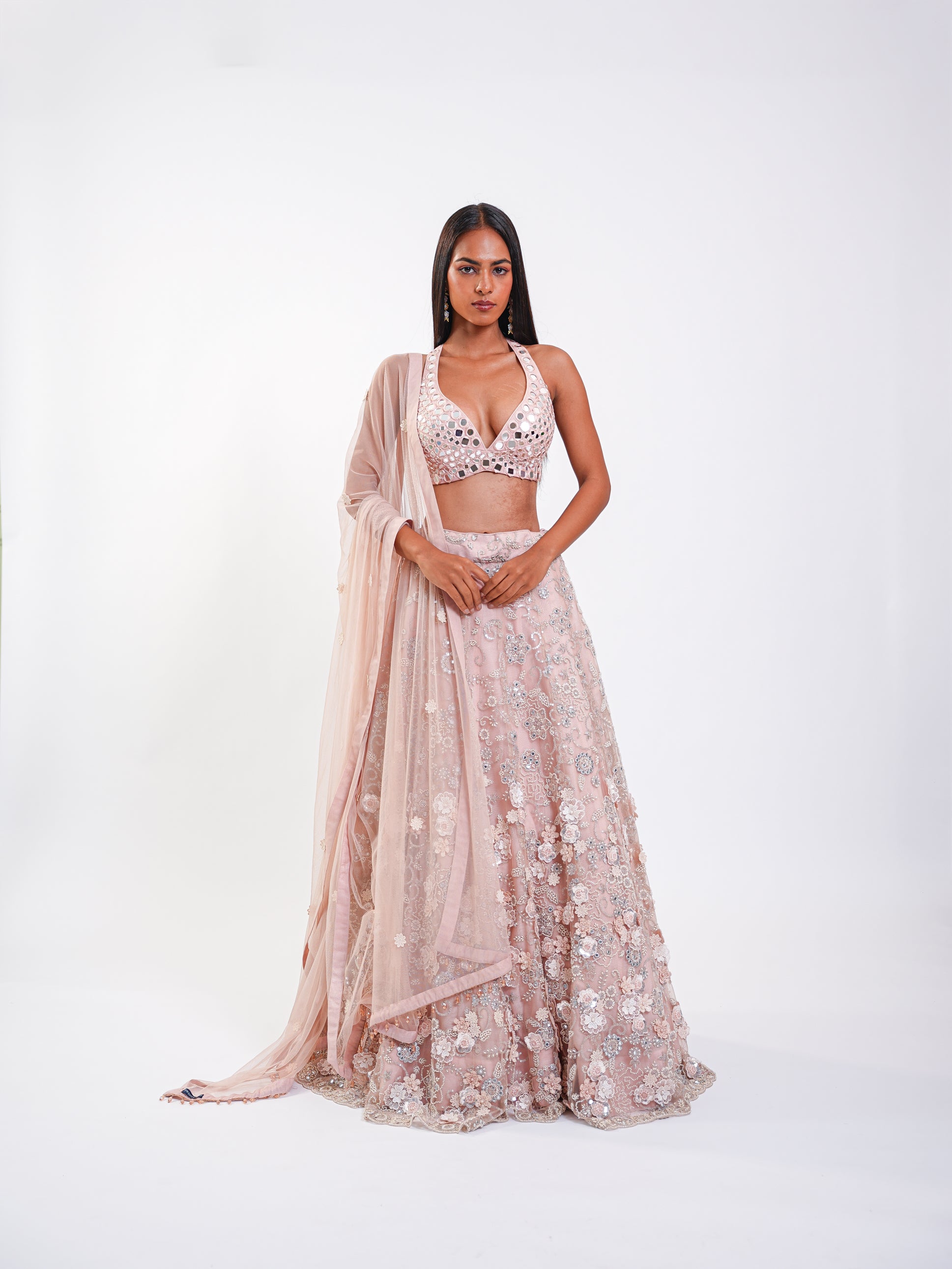 FLORAL LEHENGA IN ROSEGARDEN JAAL IN MIRRORWORK