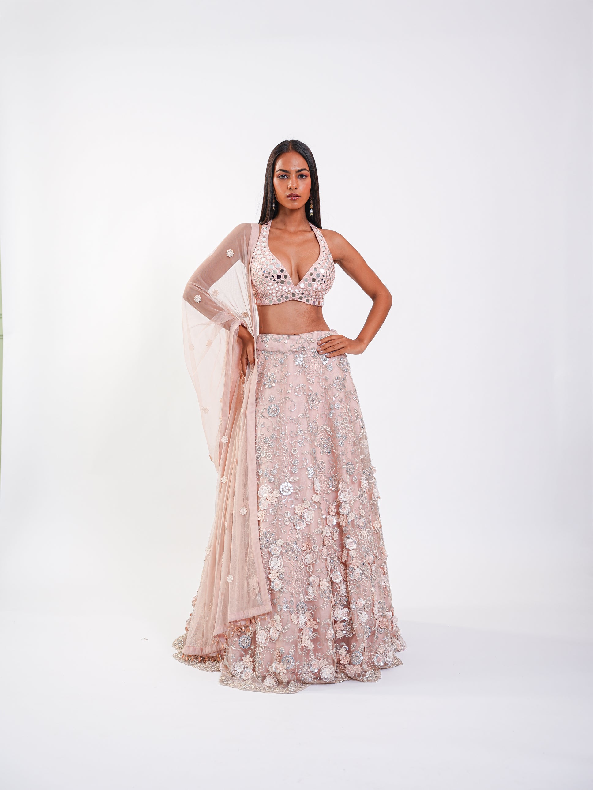 FLORAL LEHENGA IN ROSEGARDEN JAAL IN MIRRORWORK