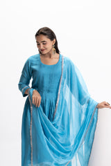 BLUE MUSLIN PLEATED KURTA SET
