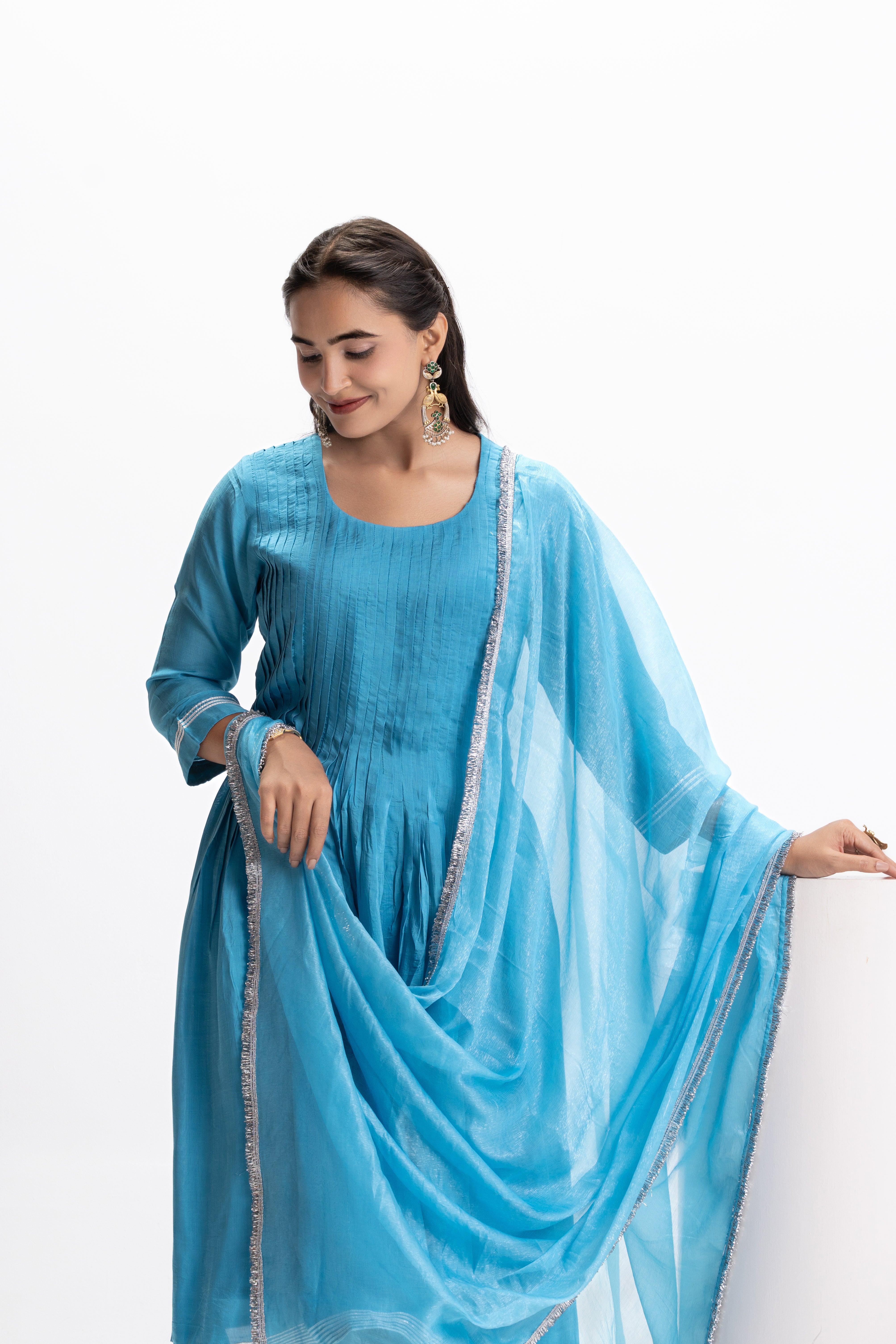 BLUE MUSLIN PLEATED KURTA SET
